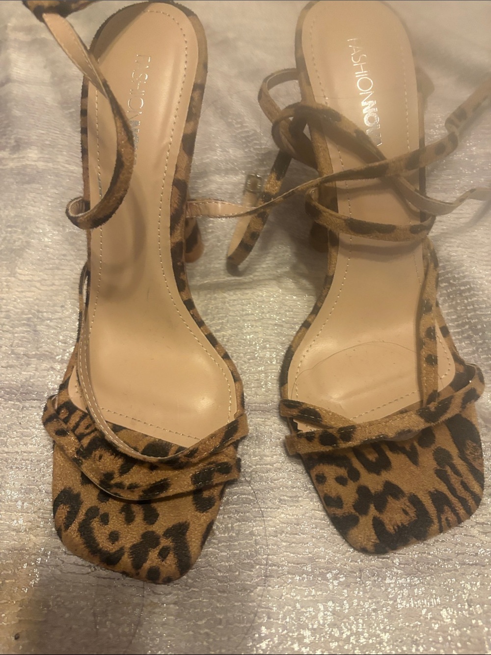 Fashion Nova Leopard Print Lace-Up Heeled Sandals - Tan/Black